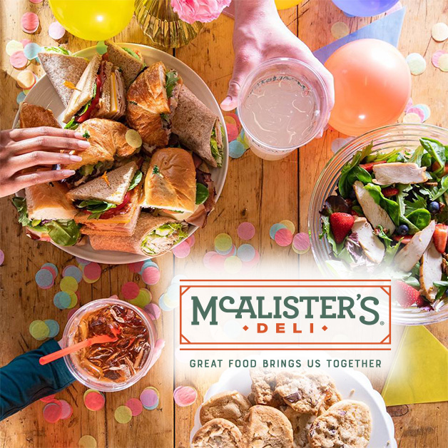 various McAlisters Deli foods spread out across a table