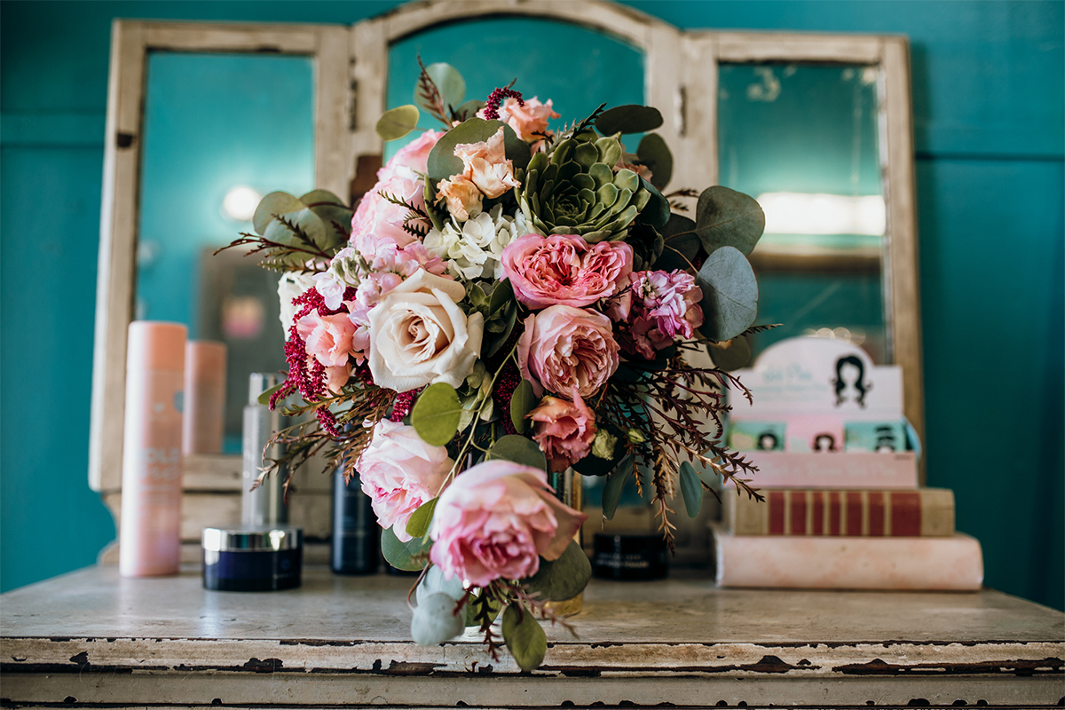 bridal bouquet sitting on a table