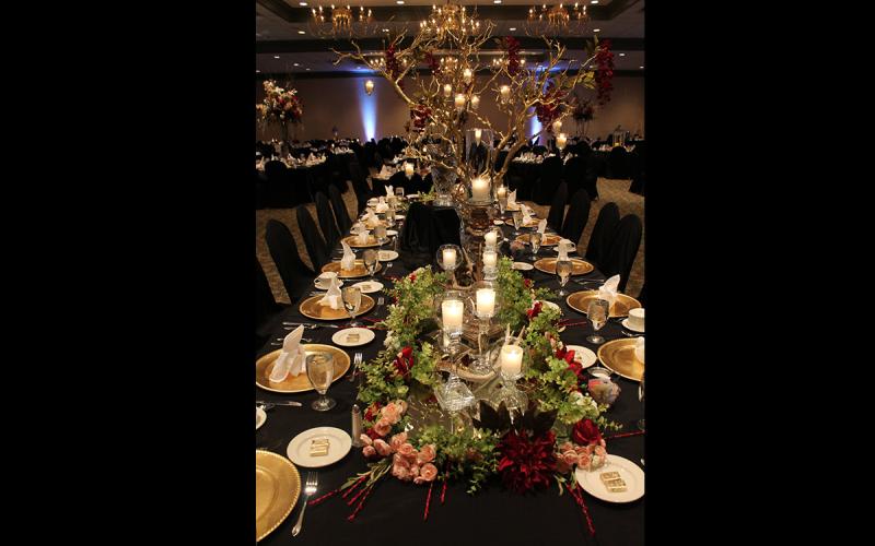 table decorated for a wedding reception at the Thelma Keller Convention Center